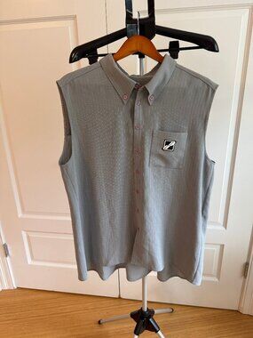 WE11DONE Grey Pinstripe Sleeveless Button Down Top L Logo Patch